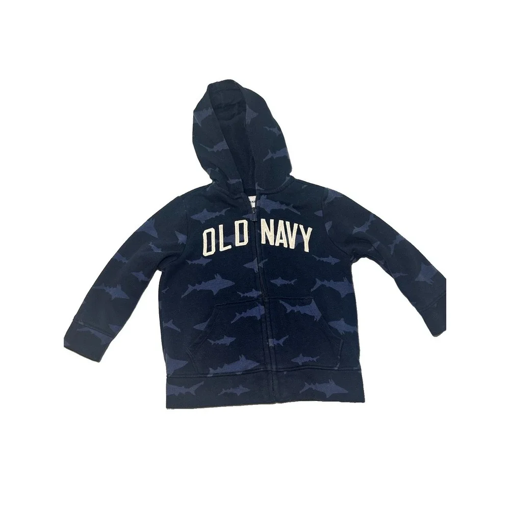 Old Navy Toddler Boys Shark Print Zip Up Hoodie Jacket Size 2T Navy Blue Fleece